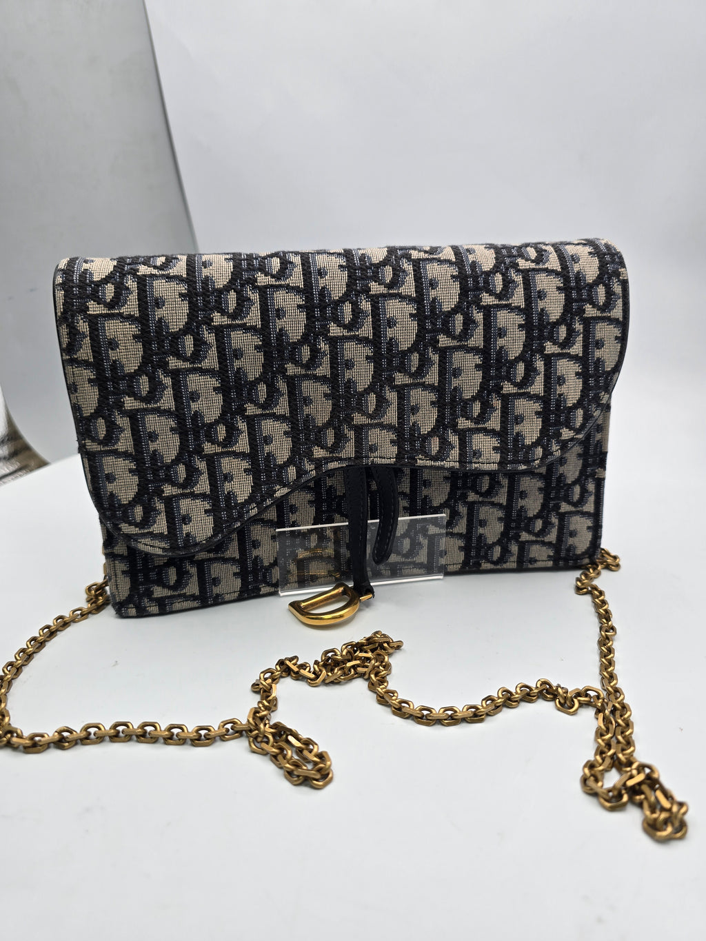 Dior Medium Saddle Pouch with Chain Blue Dior Oblique Jacquard, Grade B