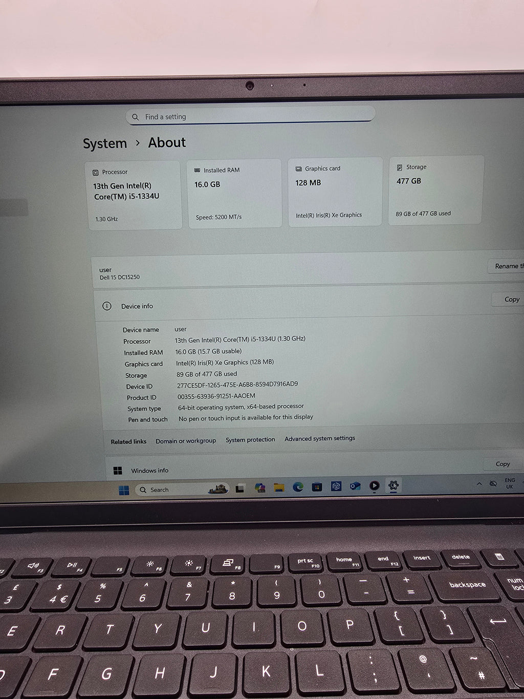 Dell 15 Laptop DC15250 16GB RAM 500GB SSD Black, Grade B