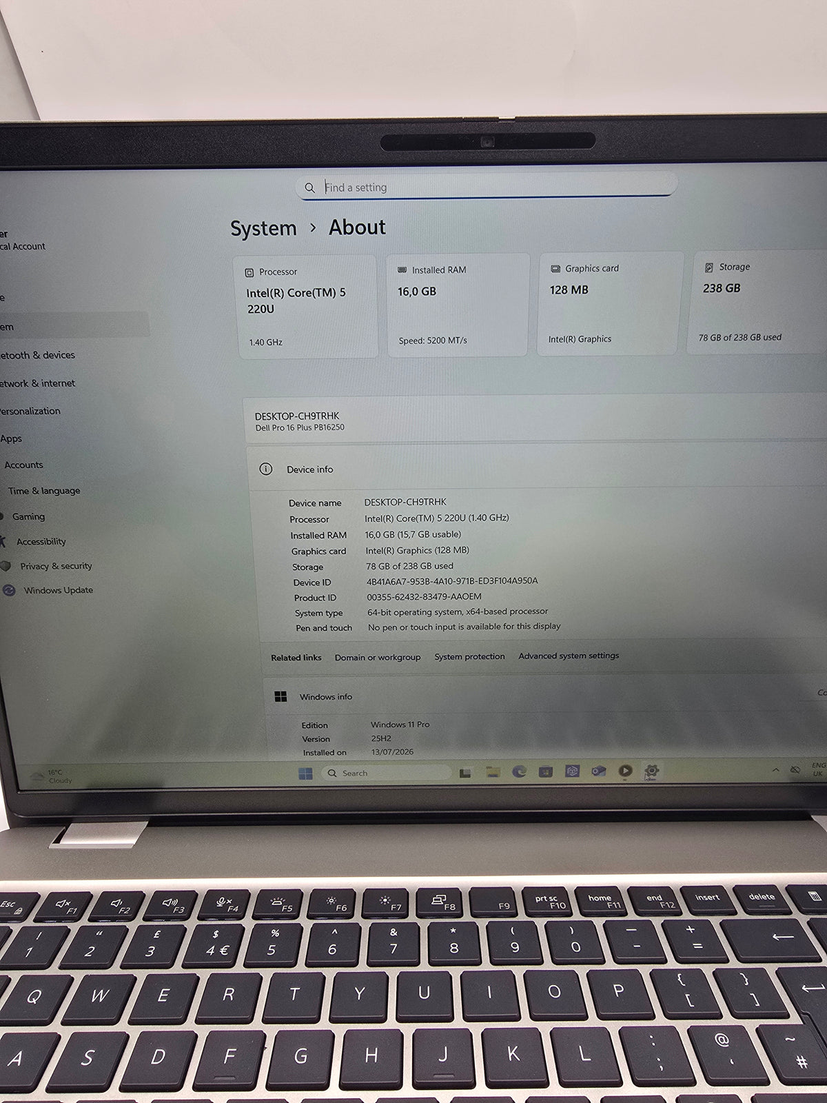 Dell Pro 16 Plus PB16250 16GB RAM 256GB SSD Silver, Grade B