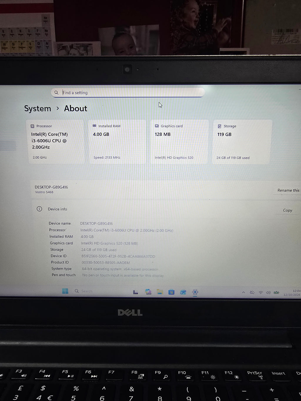 Dell Vostro 5468 4GB ram 128 ssd intel  i3 black, Grade B