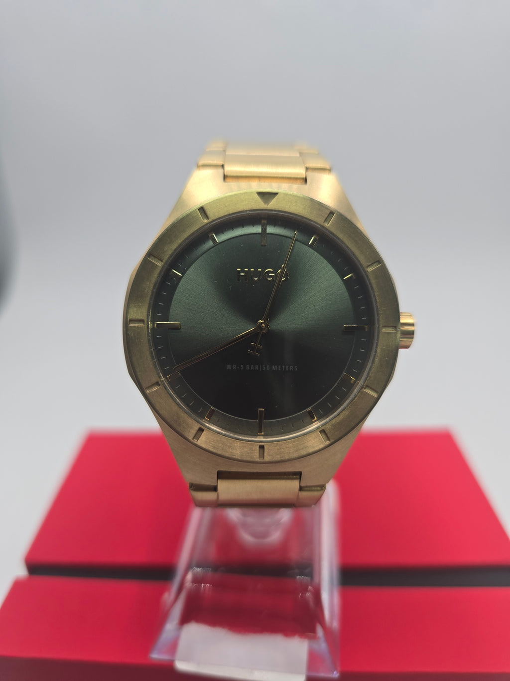 Hugo #LIT Mens green Dial and Gold IP Stainless Steel Bracelet Watch, Grade B