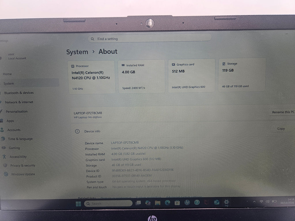HP laptop 4GB RAM 64GB SSD Blue, Grade C