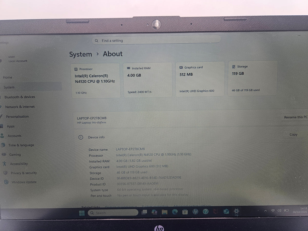 HP laptop 4GB RAM 64GB SSD Blue, Grade C