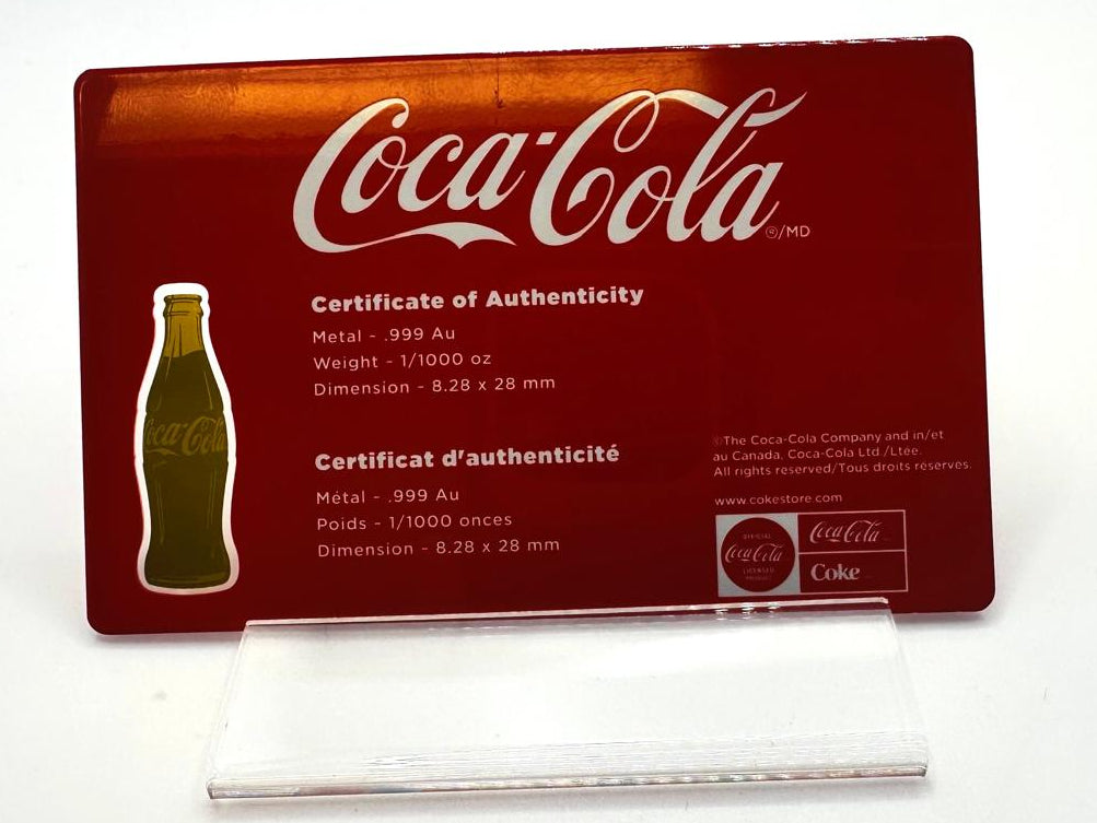 Coca Cola Gold Bottle 1/1000 oz with Certificate Card