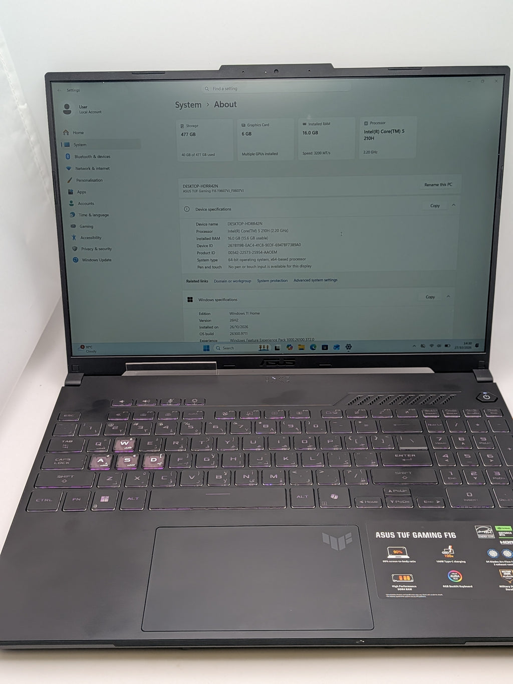 Asus Tuff F16 Gaming Laptop, Grey, Grade B