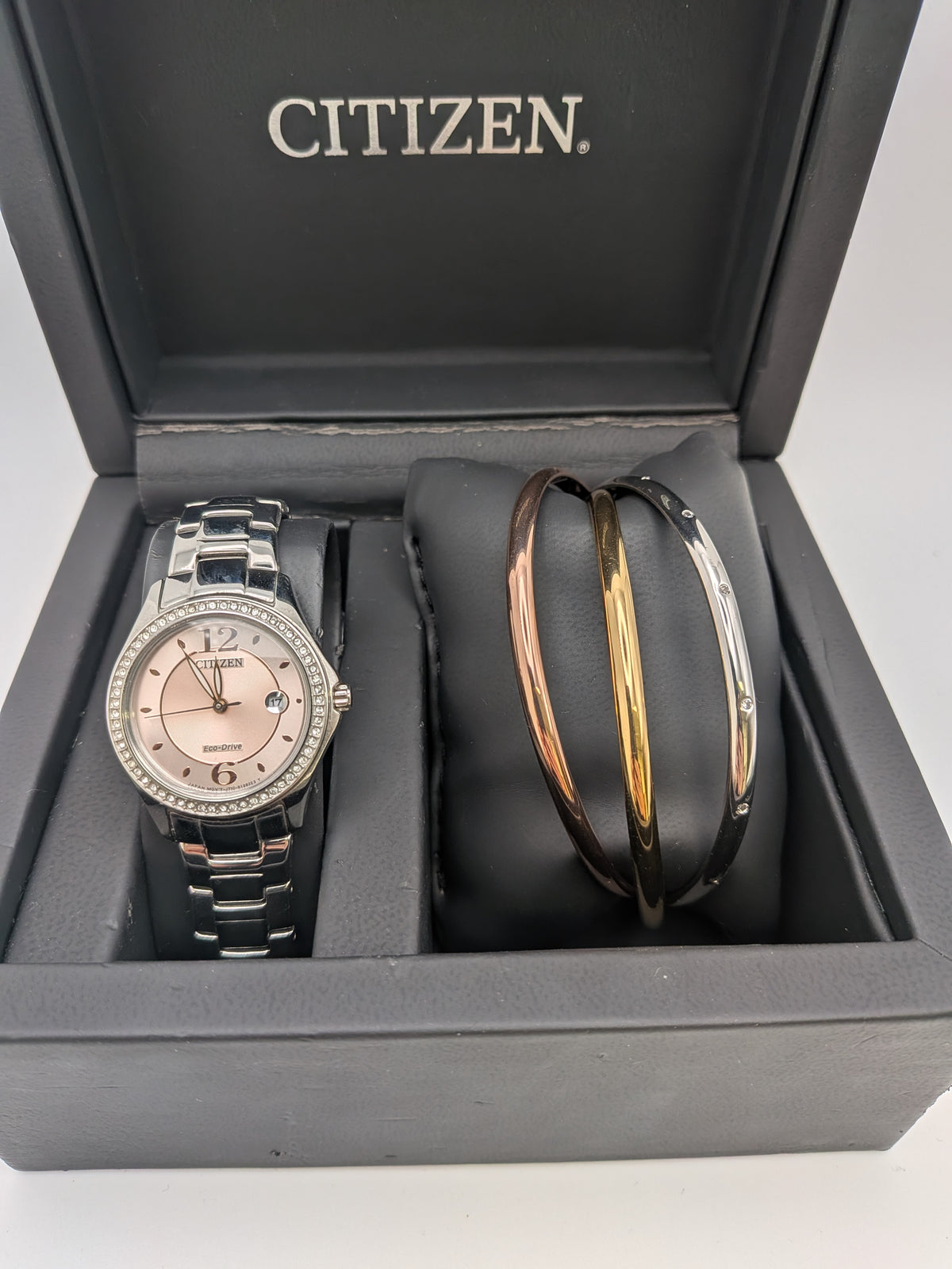 Citizen Eco-Drive Silhouette Crystal watch and bracelet gift set, Grade B