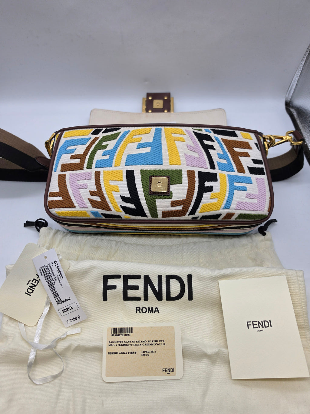 Fendi x Sarah Coleman FF "Fish Eye" Embroidered Medium Baguette Bag Cream, Grade B