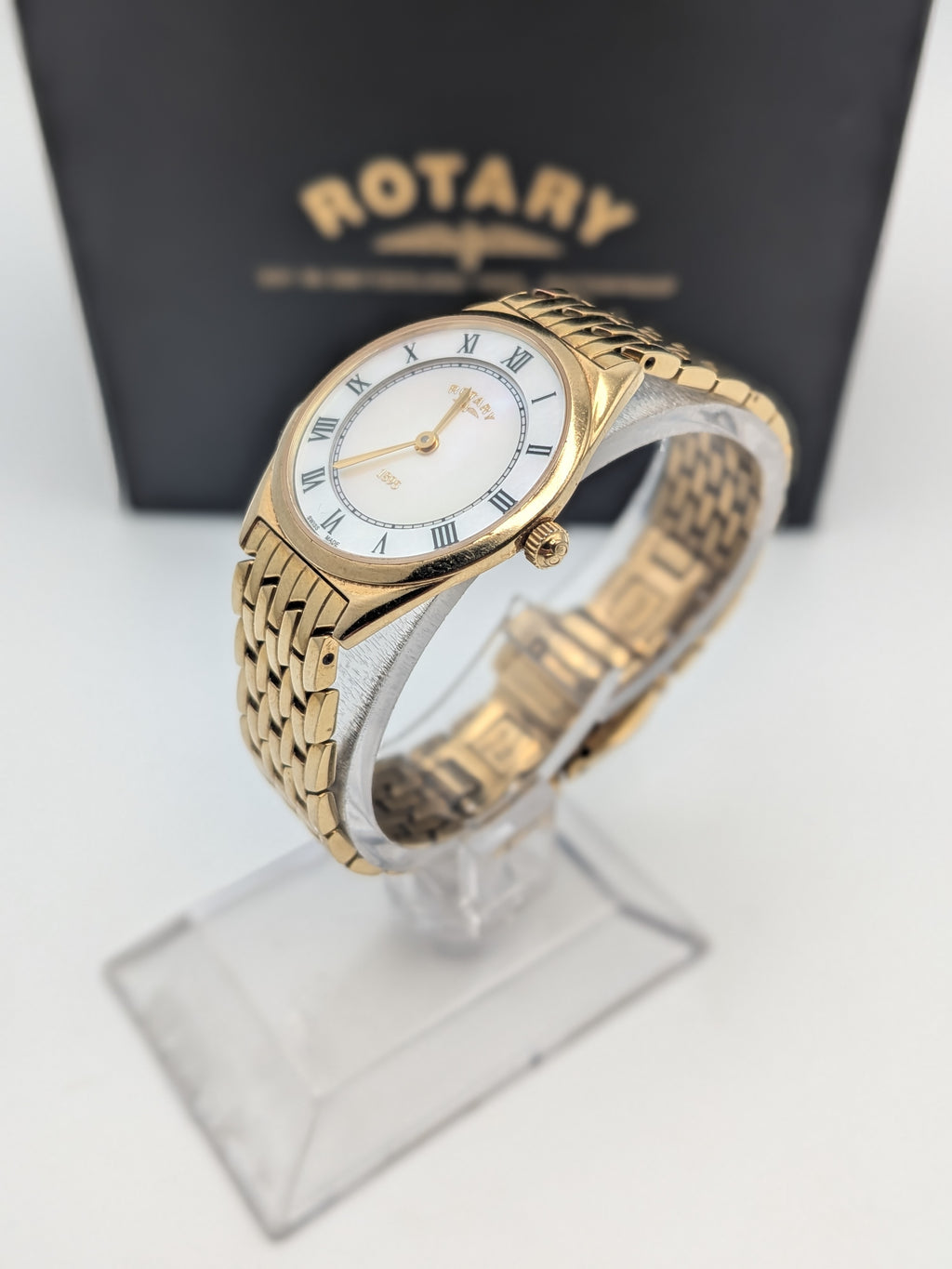 Rotary Ultra Slim Gold Plated Ladies Dress Watch with Pearl Dial, Grade B