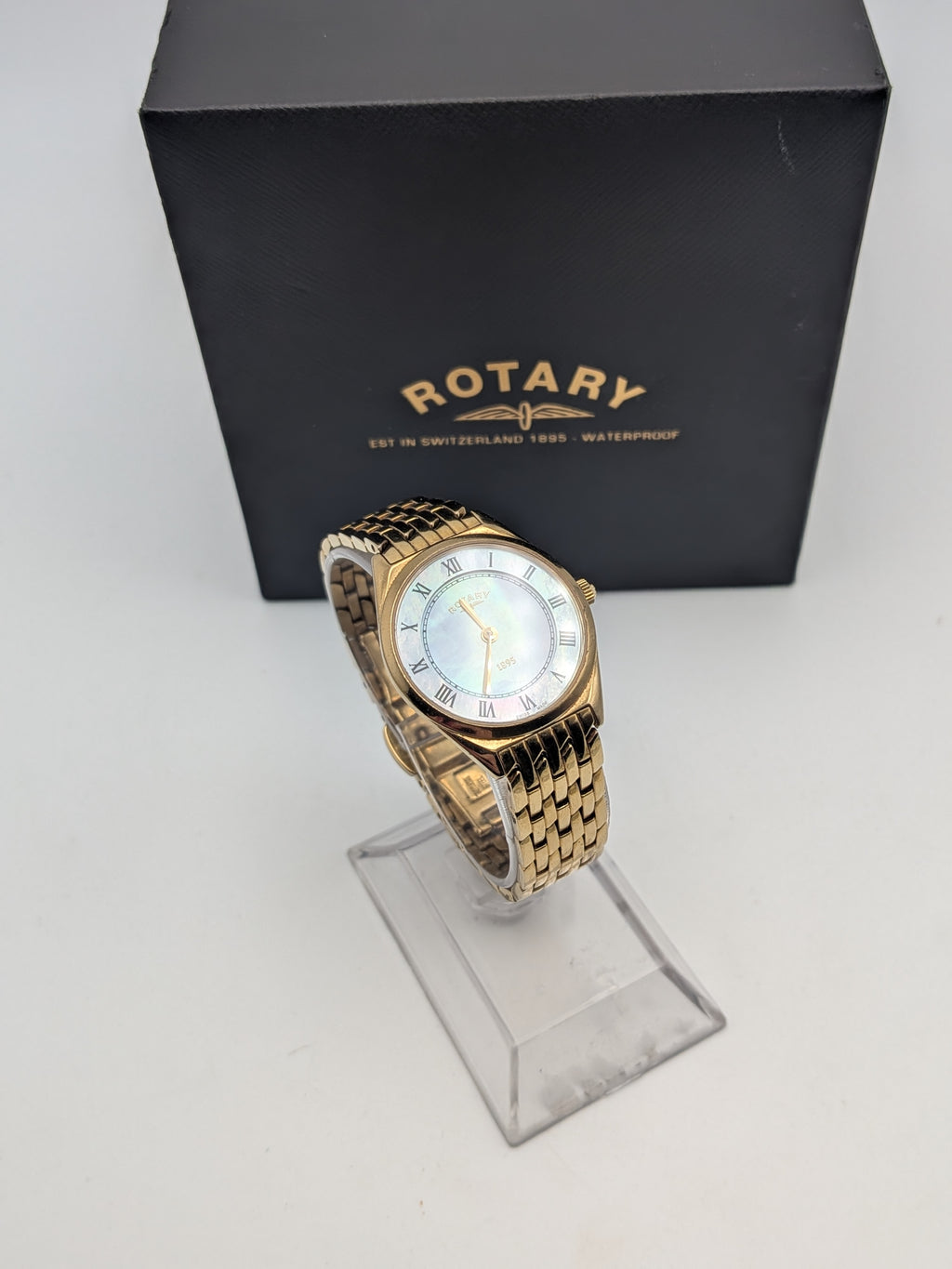 Rotary Ultra Slim Gold Plated Ladies Dress Watch with Pearl Dial, Grade B